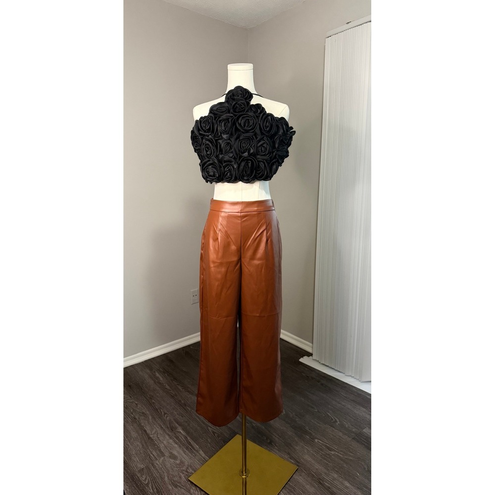 Emery Rose Pants Wide Leg Faux Leather Cropped Pants Cognac Brown Size M Hi Rise